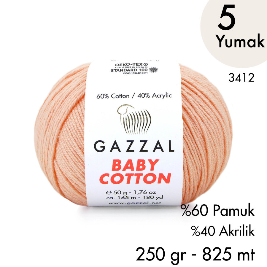 Baby Cotton 3412-Yazlık Projeler İçin Hafif ve Konforlu Pamuk İplik - 5 Yumak