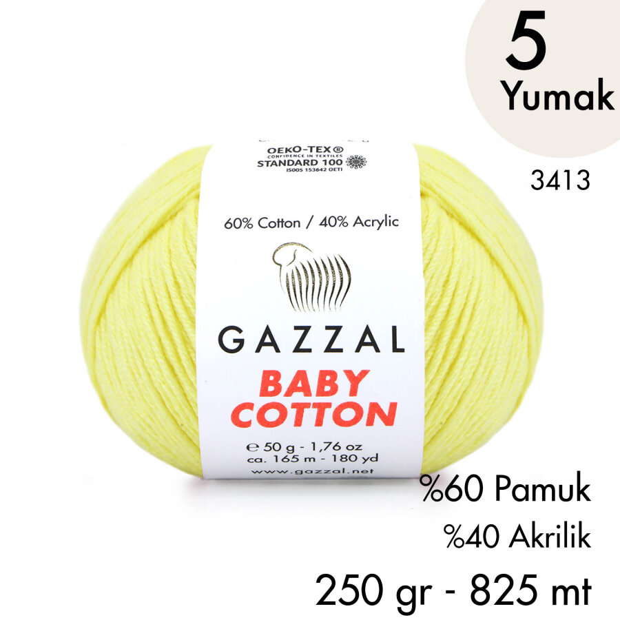 Baby Cotton 3413-Yazlık Projeler İçin Hafif ve Konforlu Pamuk İplik - 5 Yumak
