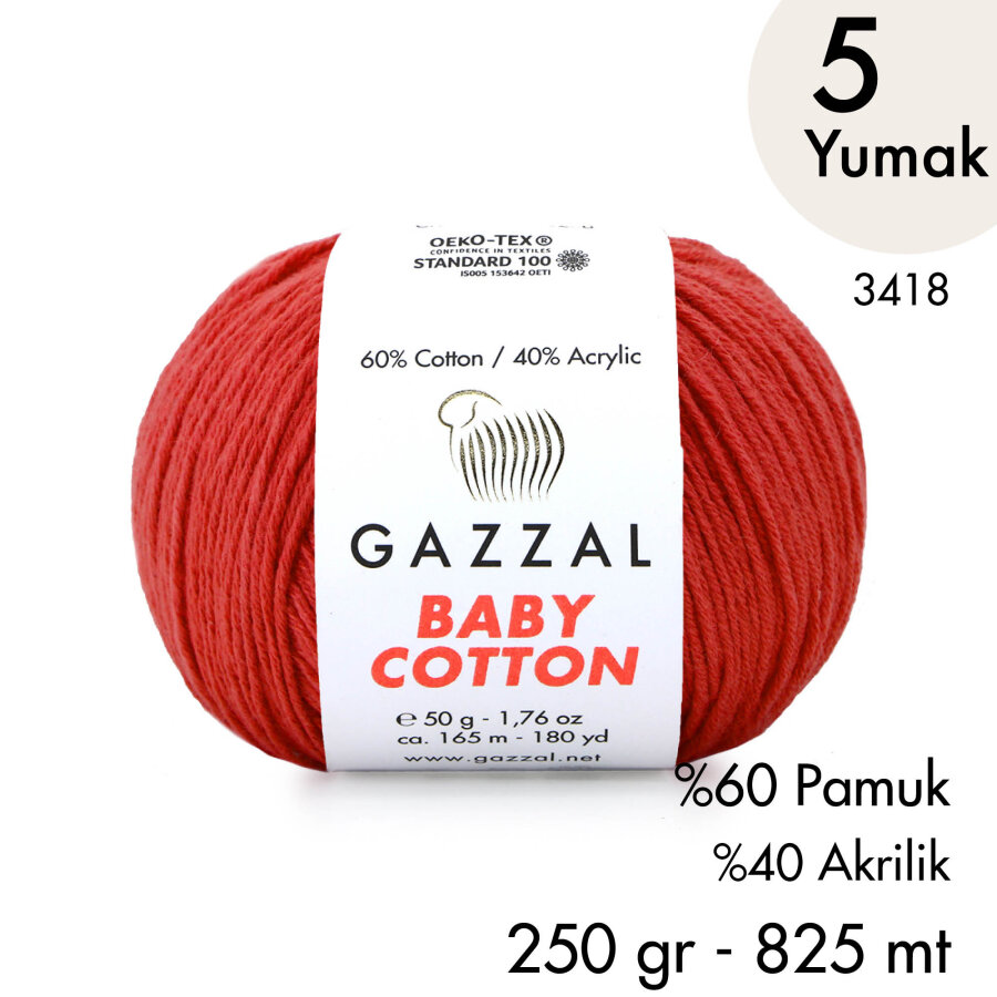 Baby Cotton 3418-Yazlık Projeler İçin Hafif ve Konforlu Pamuk İplik - 5 Yumak