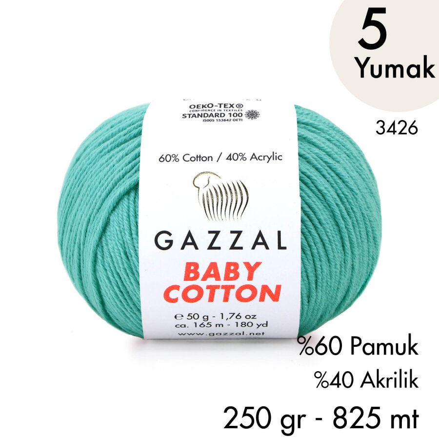 Baby Cotton 3426-Yazlık Projeler İçin Hafif ve Konforlu Pamuk İplik - 5 Yumak