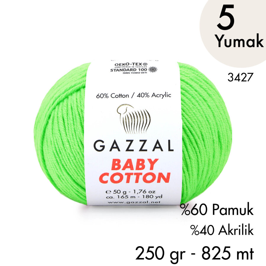 Baby Cotton 3427-Yazlık Projeler İçin Hafif ve Konforlu Pamuk İplik - 5 Yumak