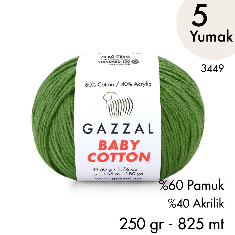 Baby Cotton 3449-Yazlık Projeler İçin Hafif ve Konforlu Pamuk İplik - 5 Yumak
